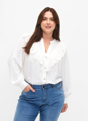 Viscose overhemdblouse met ruches, Bright White, Model image number 0