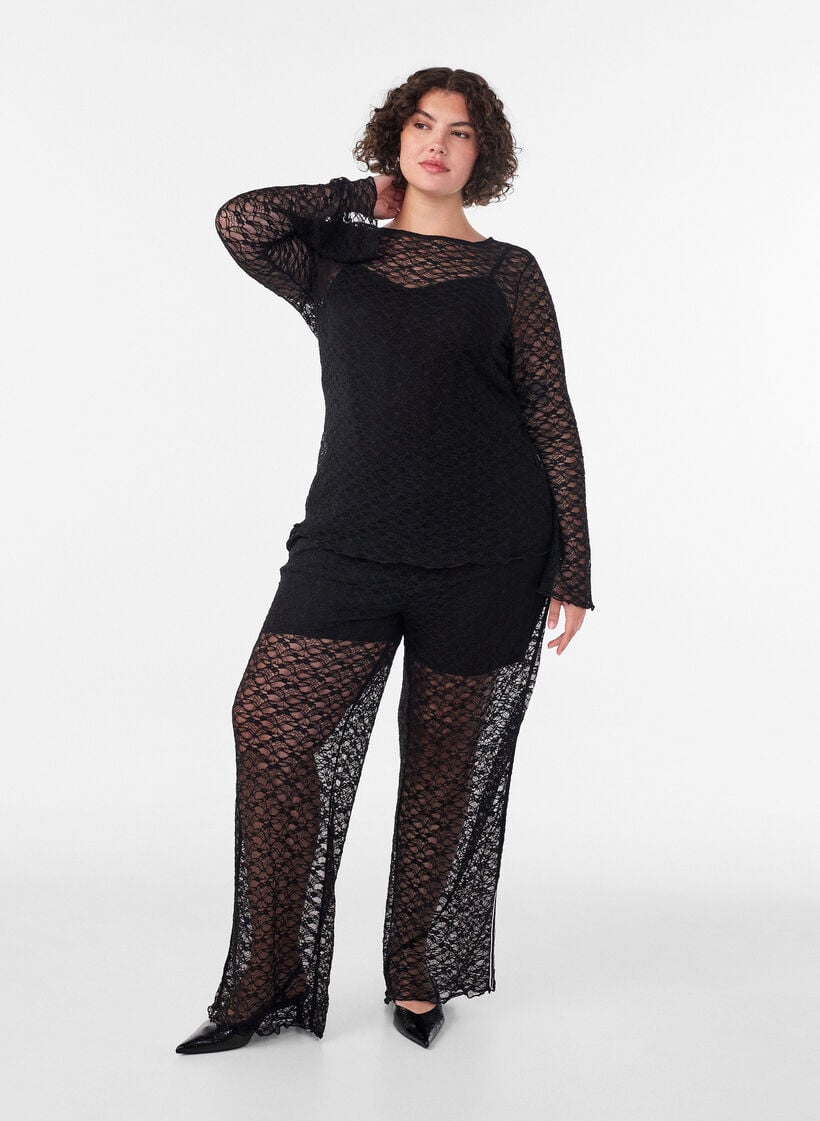 Pantalon &agrave; coupe ample en dentelle transparente, Noir, Model image number 0