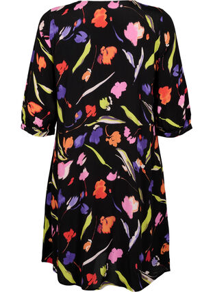 Viscose jurk met print en 3/4 mouwen, Faded Tulip AOP, Packshot image number 1