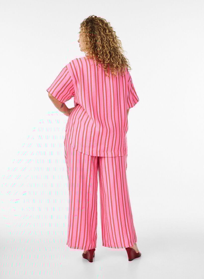 Gestreepte broek met hoge taille en wijde pijpen, Roze, Model image number 1