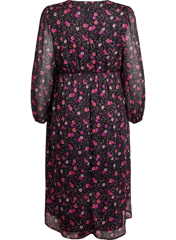 Chiffon jurk met bloemenprint en lange mouwen, Zwart, Packshot image number 1
