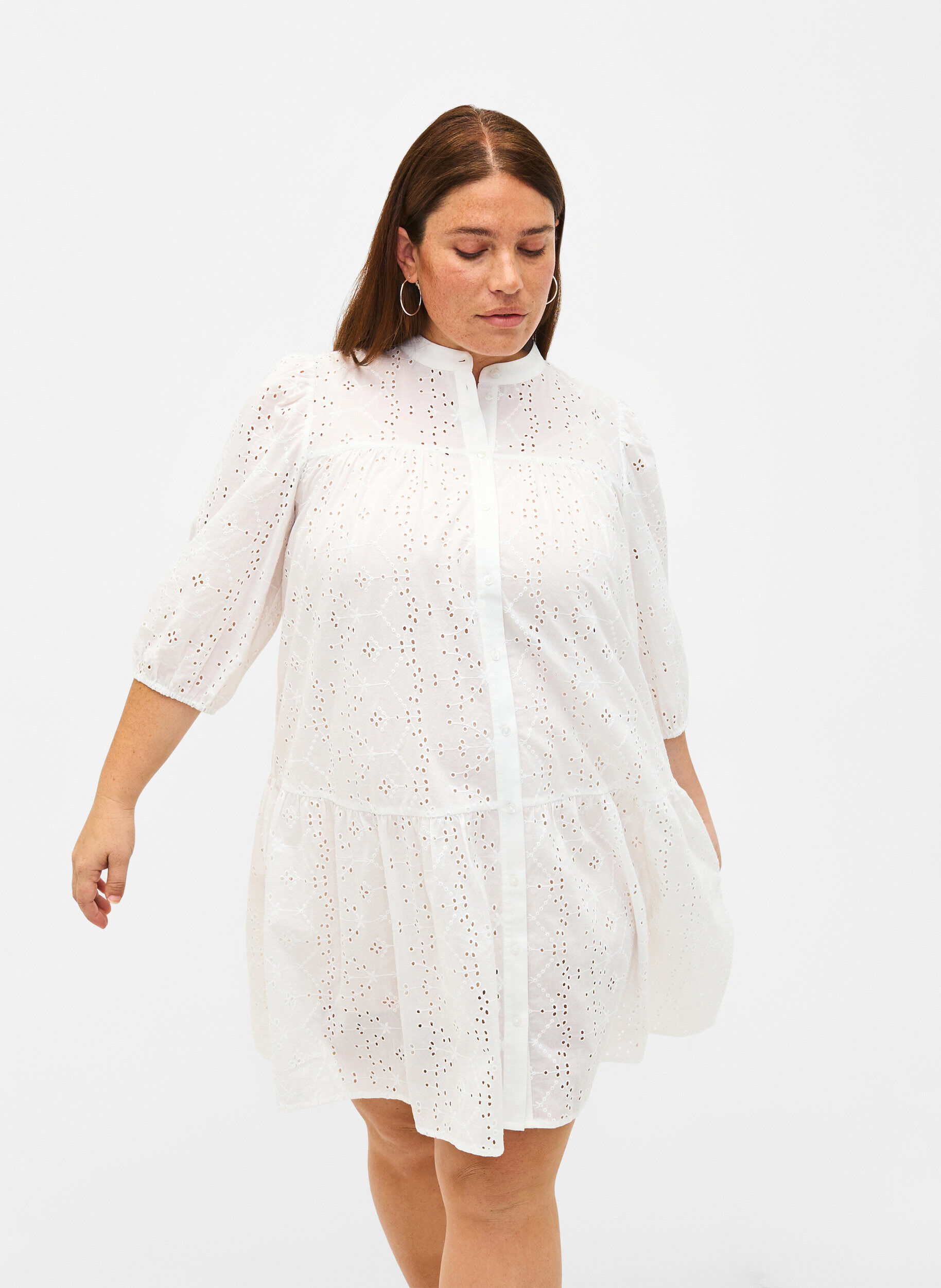 ZizziOverhemdjurk van katoen met broderie anglaise, Bright White, Model image number 0