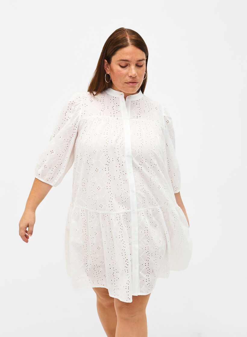 Overhemdjurk van katoen met broderie anglaise, Bright White, Model image number 0
