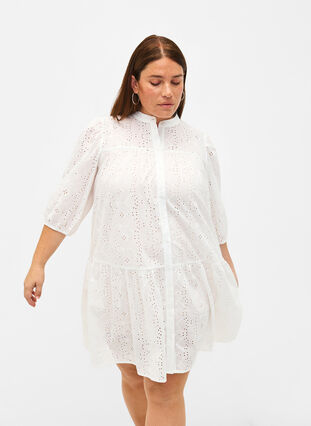 Robe chemise en coton à broderie anglaise, Bright White, Model image number 0