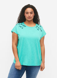 T-shirt en coton avec imprimé feuilles, Turquoise C Leaf, Model