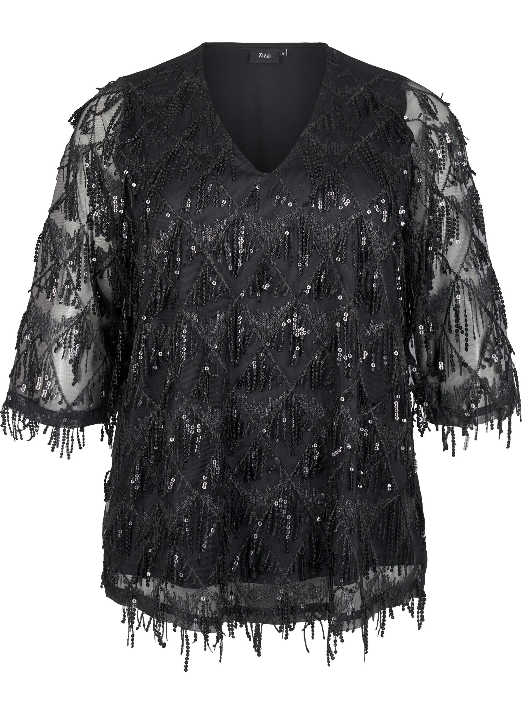 ZizziParty blouse met pailletten franjes en 3/4 mouwen, Black, Packshot image number 0