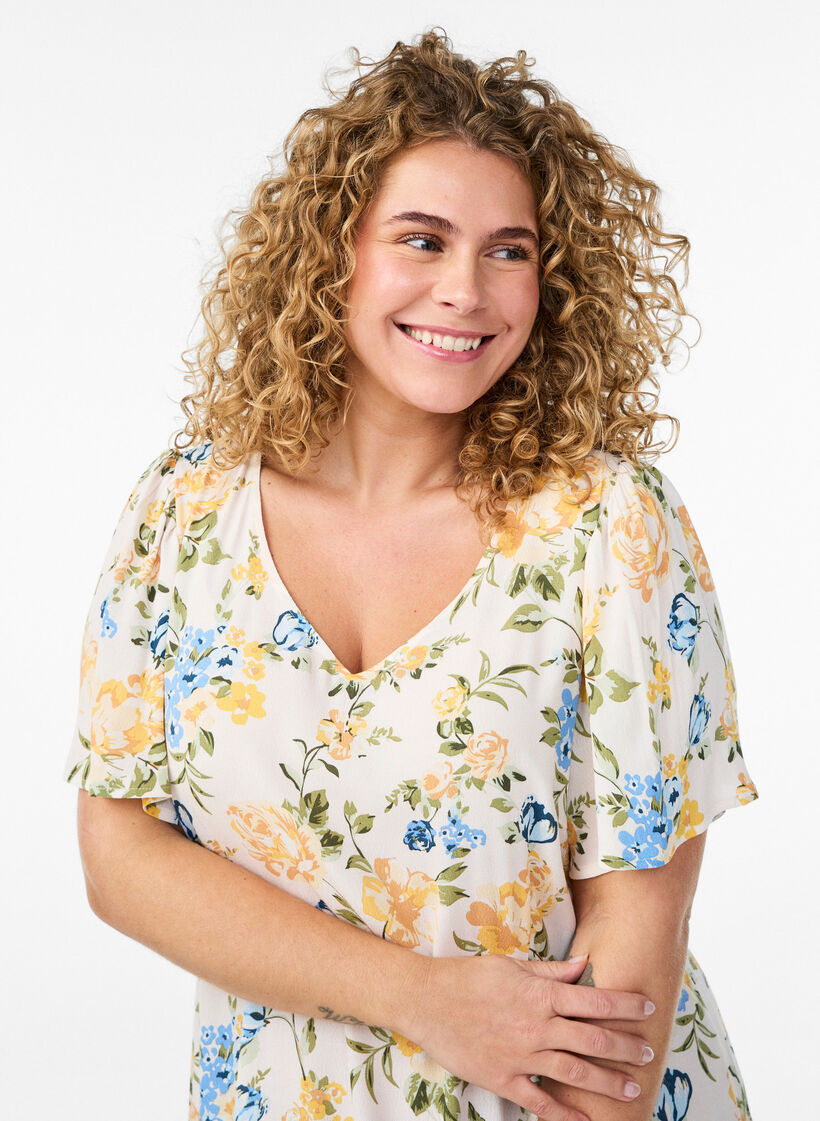 Robe midi en viscose &agrave; imprim&eacute; floral, Bleu, Model image number 2