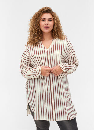 Chemise longue en coton à rayures avec col en V, Stripe, Model image number 0