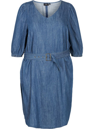 Denim jurk met riem en 3/4 mouwen, Blue denim, Packshot image number 0