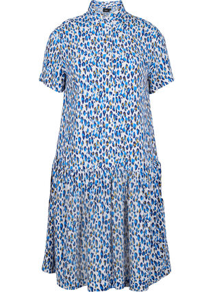 midi-jurk van viscose met korte mouwen, Blue Leo AOP, Packshot image number 0