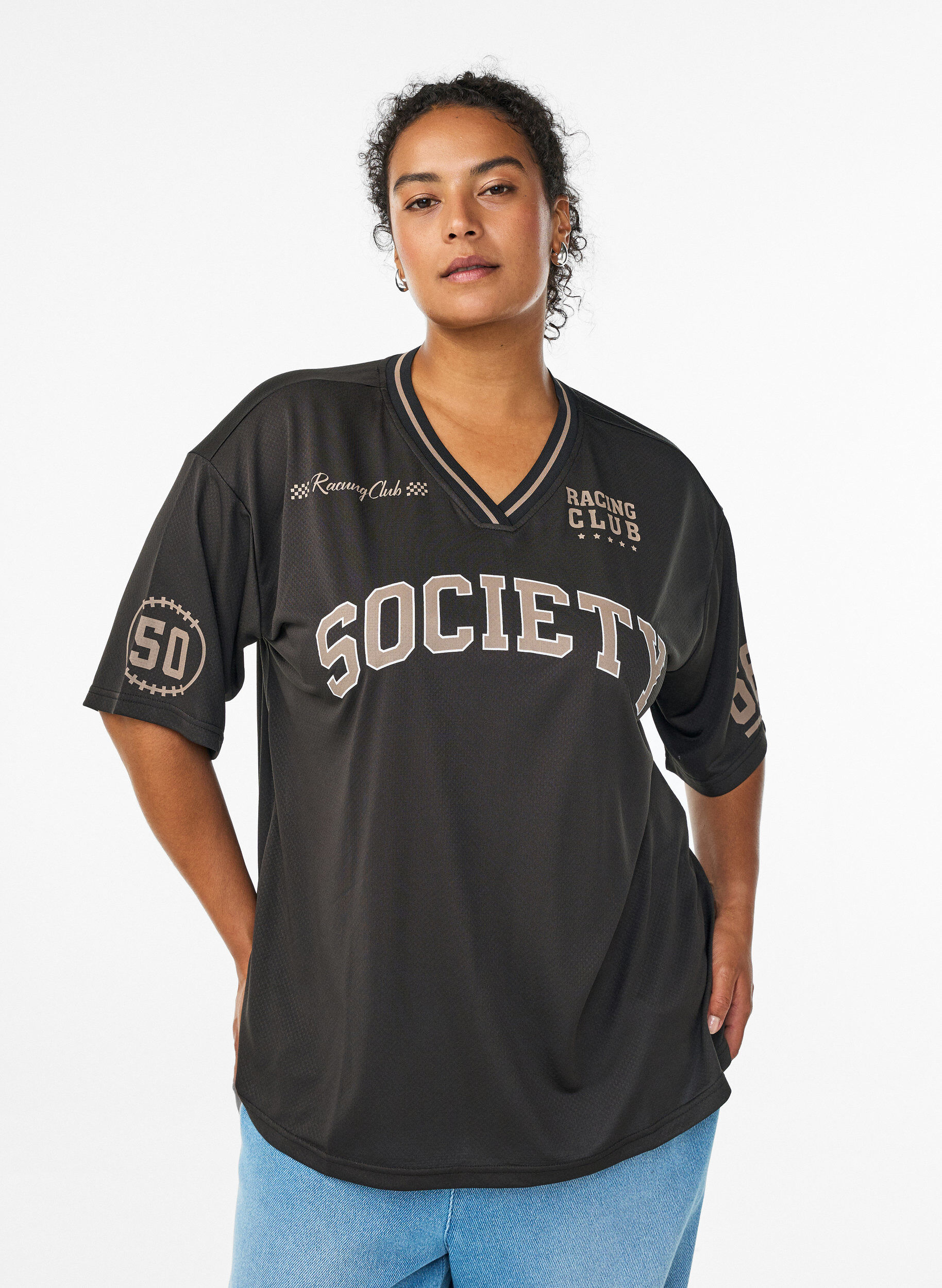 ZizziSportief T-shirt met V-hals en raceprint, Zwart, Model image number 0