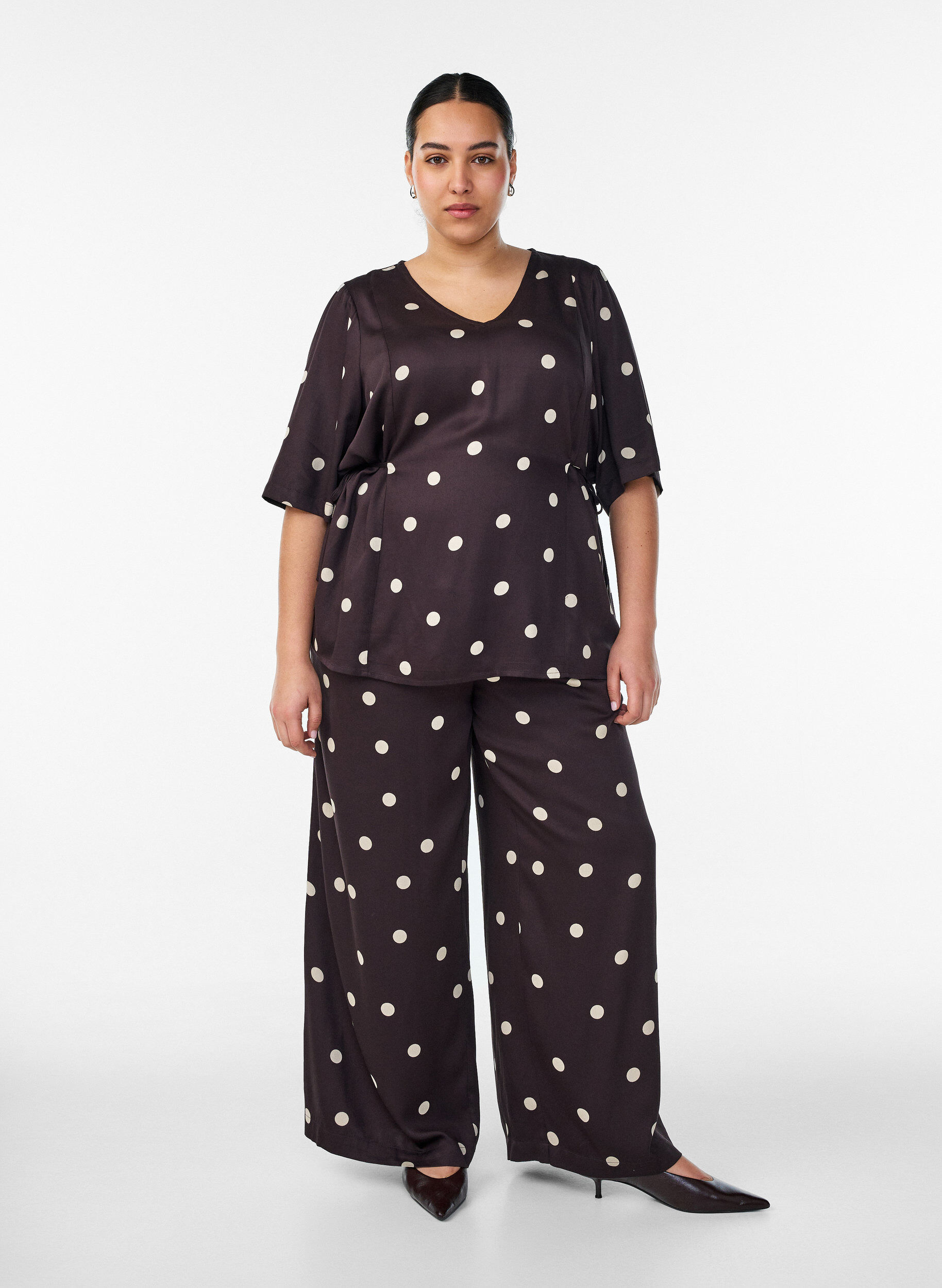 ZizziViscose broek met stippen en wijde pijpen, Bruin, Model image number 0