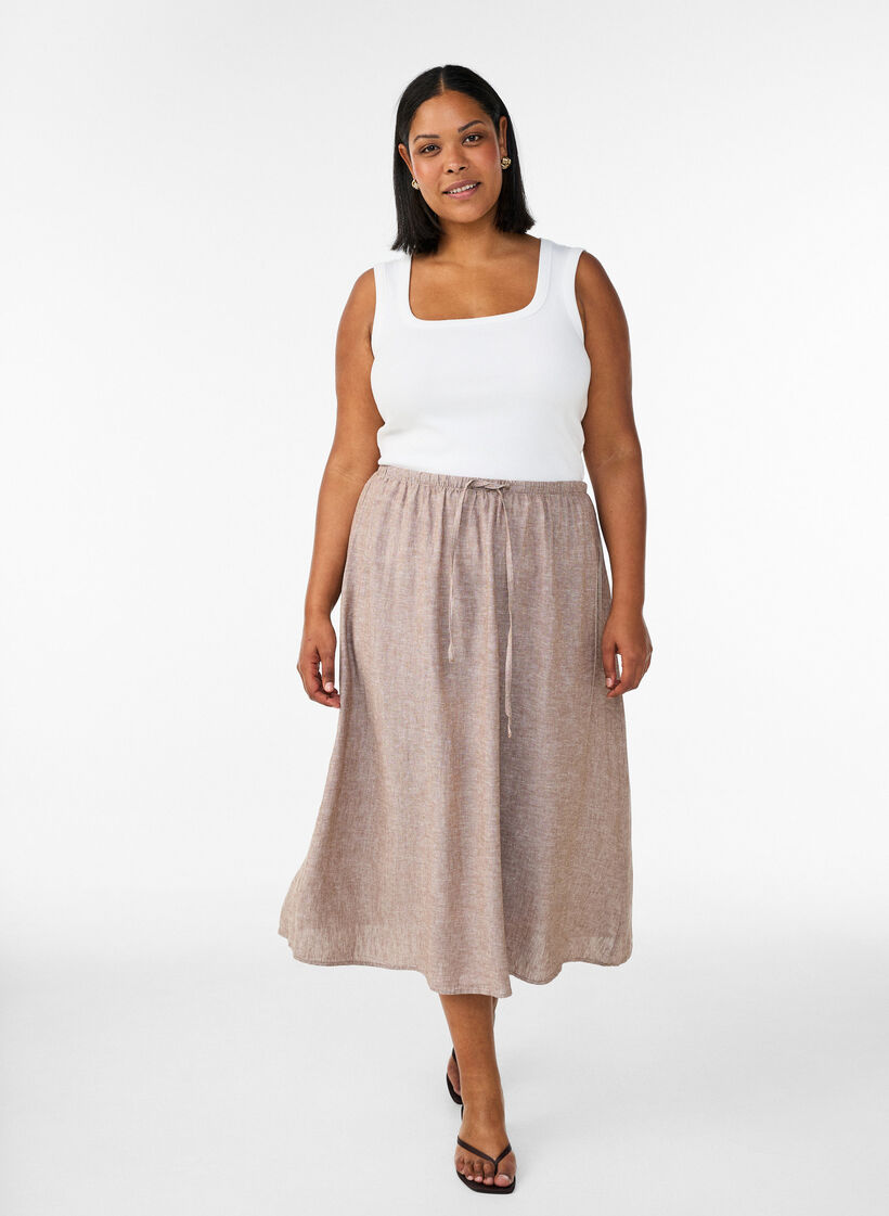 Jupe midi &eacute;vas&eacute;e en lin et viscose, Marron, Model image number 0
