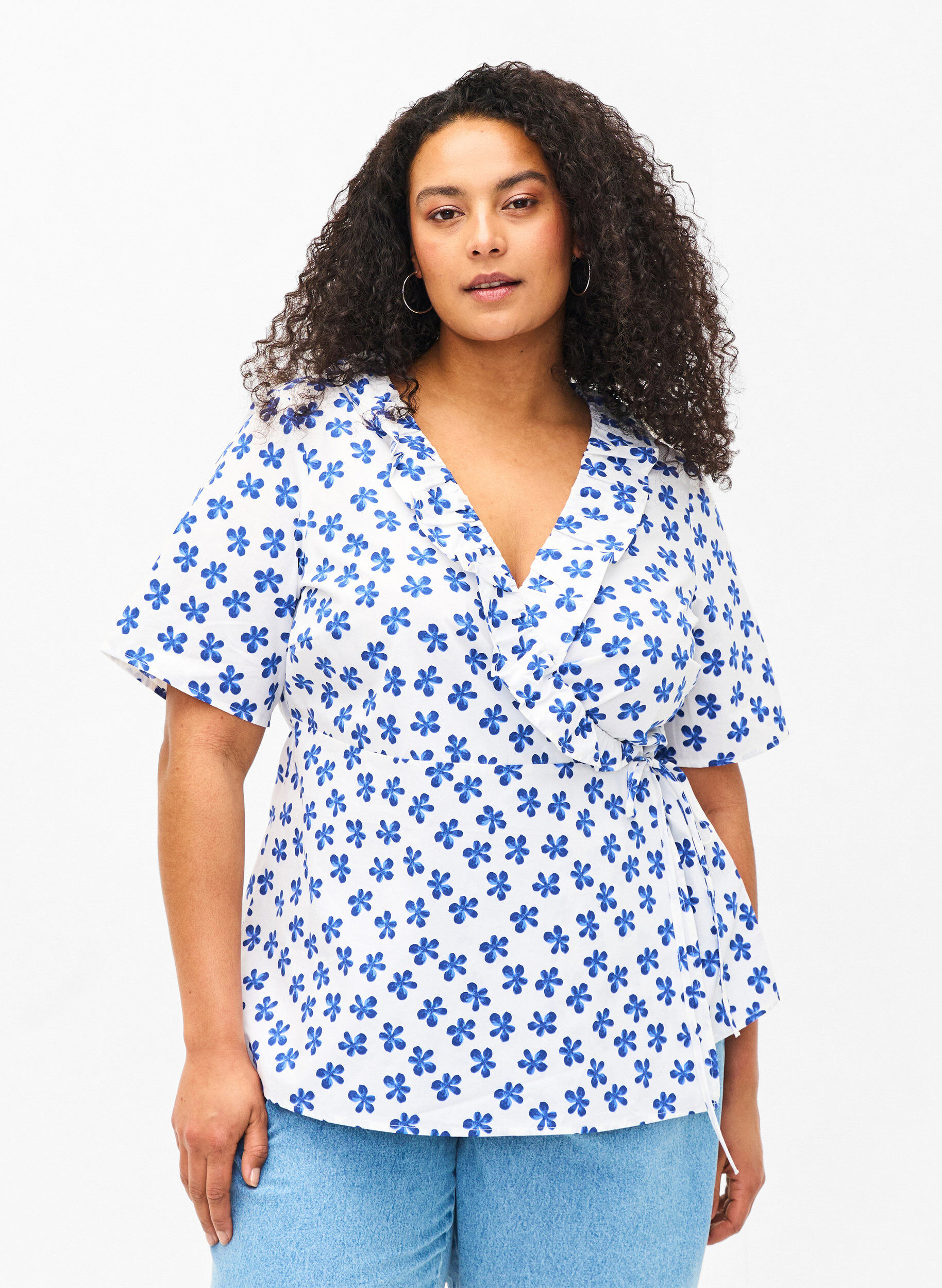 Katoenen wikkelblouse met bloemenprint, B.White/Small Flower, Model