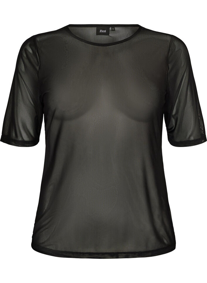 Top en maille avec manches courtes et col rond, Noir, Packshot image number 0