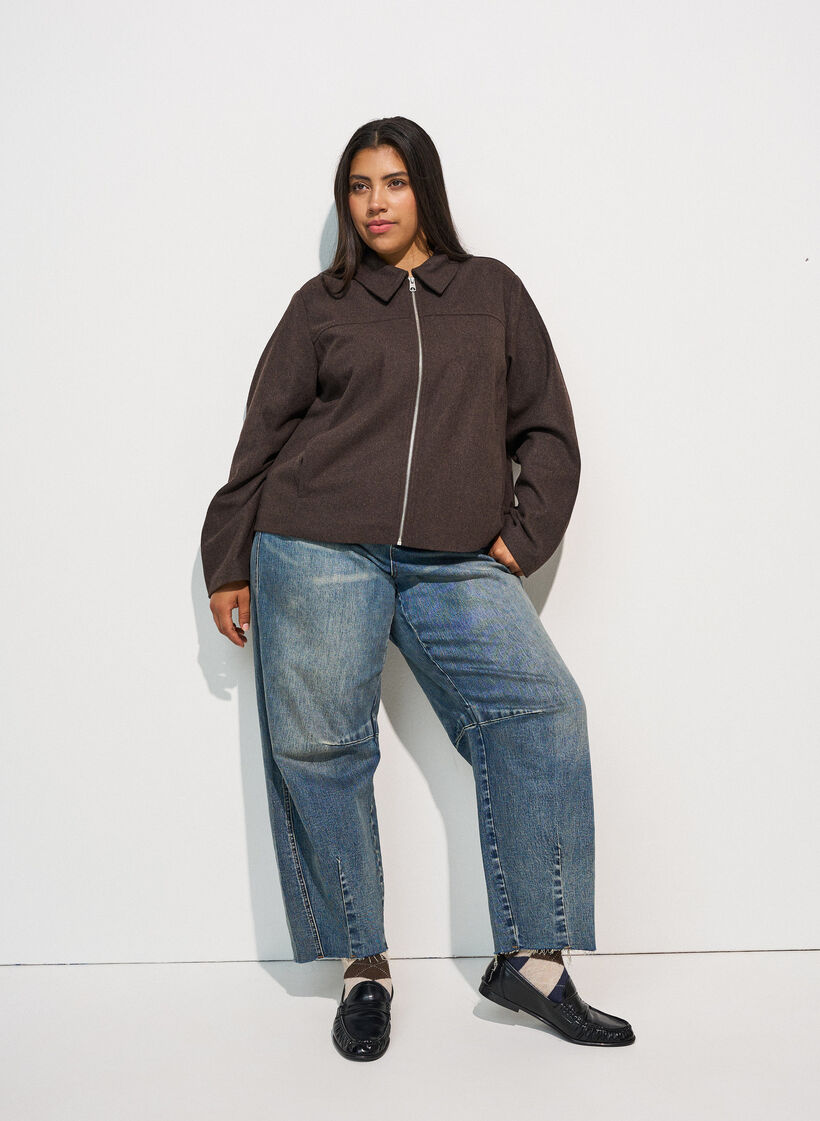 Korte jas met overhemdkraag en ritssluiting, Bruin, Model image number 1
