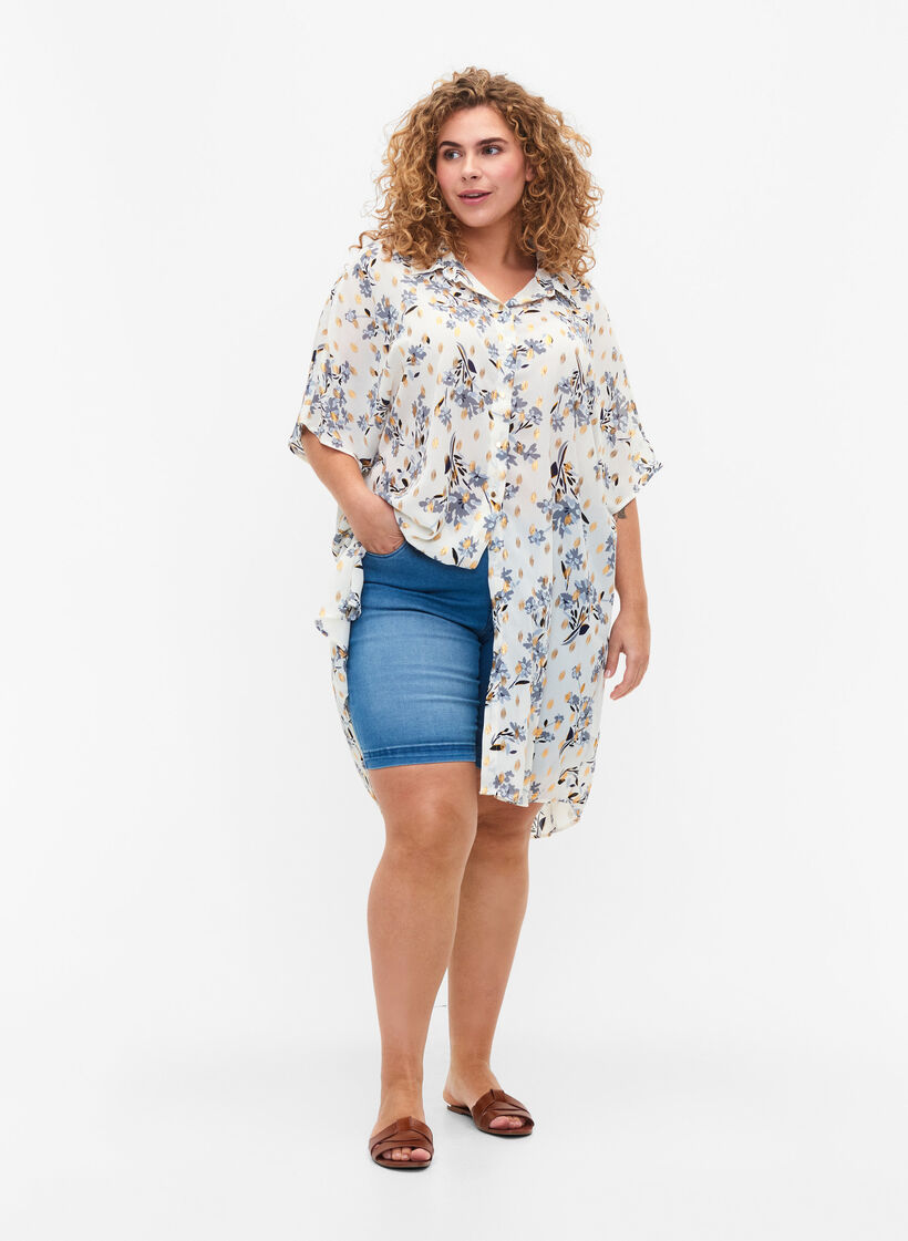Lang shirt met bloemenprint, White Flower/Gold, Model image number 2
