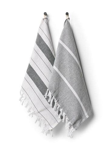 Lot de 2 serviettes rayées avec franges, 2-Pack Grey, Packshot image number 0