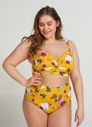 Bas de bikini taille haute à imprimé fleuri, Yellow Flower Print, Model image number 1