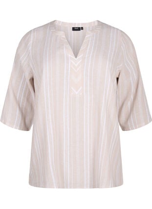 Gestreepte blouse in een mix van linnen en viscose, Beige White Stripe, Packshot image number 0