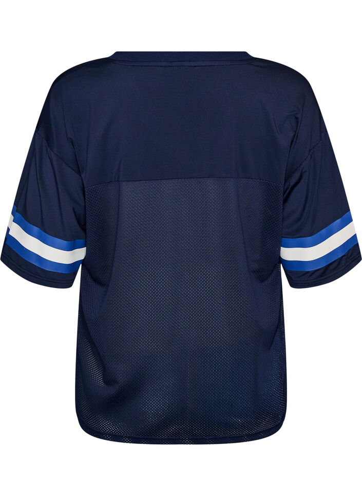 T-shirt de sport avec col V et imprim&eacute; sur le devant, Bleu, Packshot