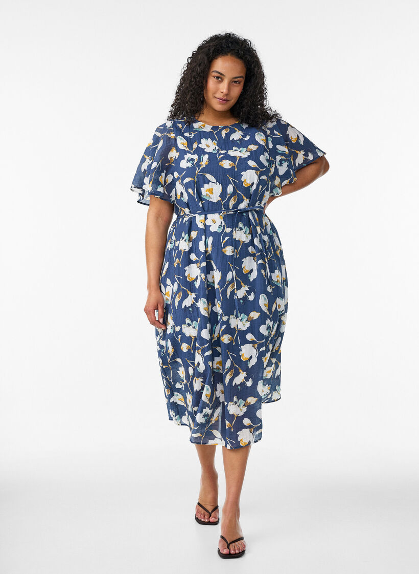 Enkellange jurk met vlindermouwen en strikceintuur, Blauw, Model image number 0