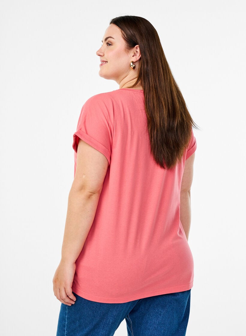T-shirt &agrave; manches courtes en m&eacute;lange de coton, Rose, Model image number 2