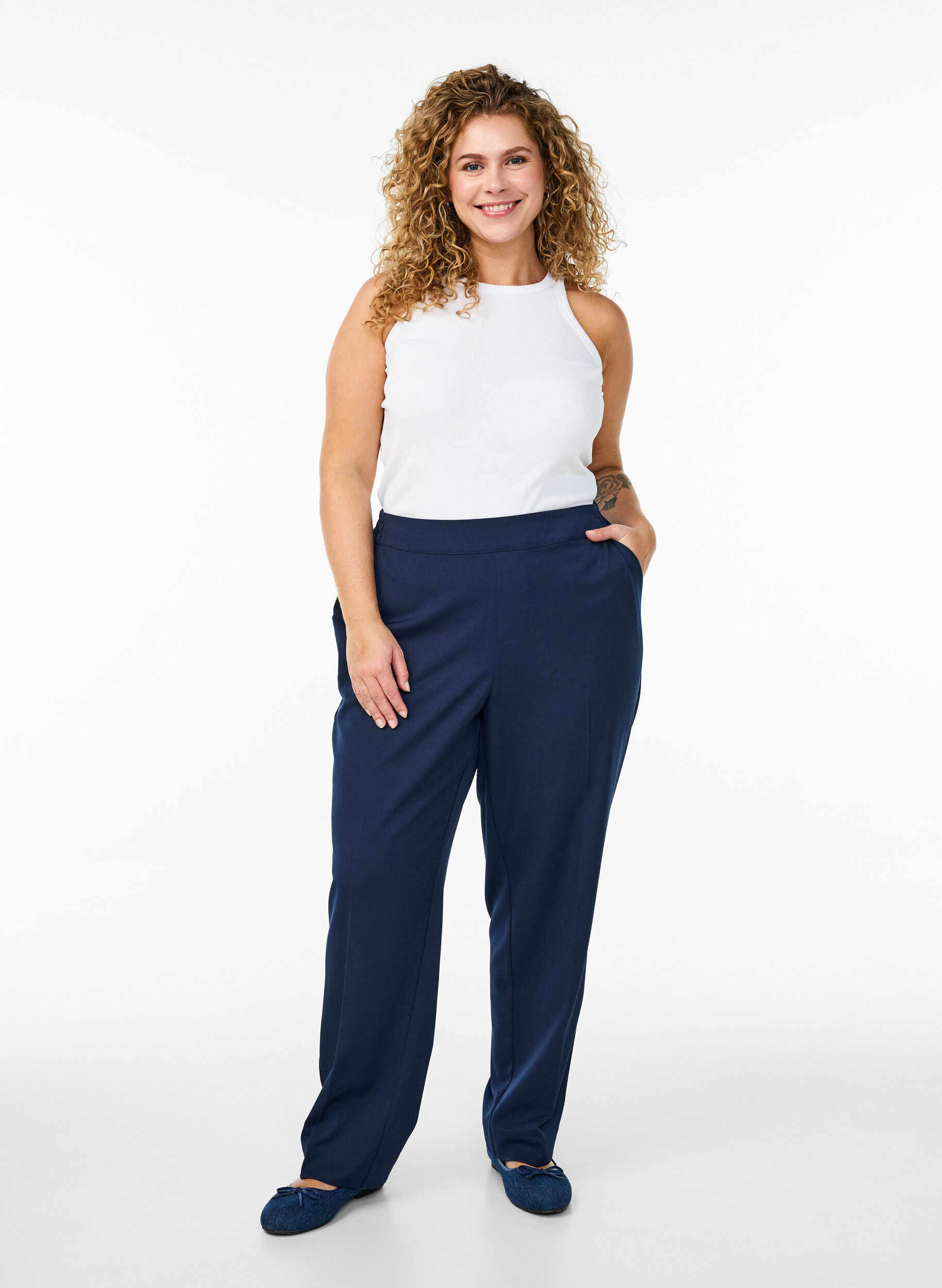 Pantalon ample &agrave; taille haute, Bleu, Model