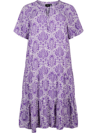 Viscose jurk met print en korte mouwen, D. Lavender Oriental, Packshot image number 0