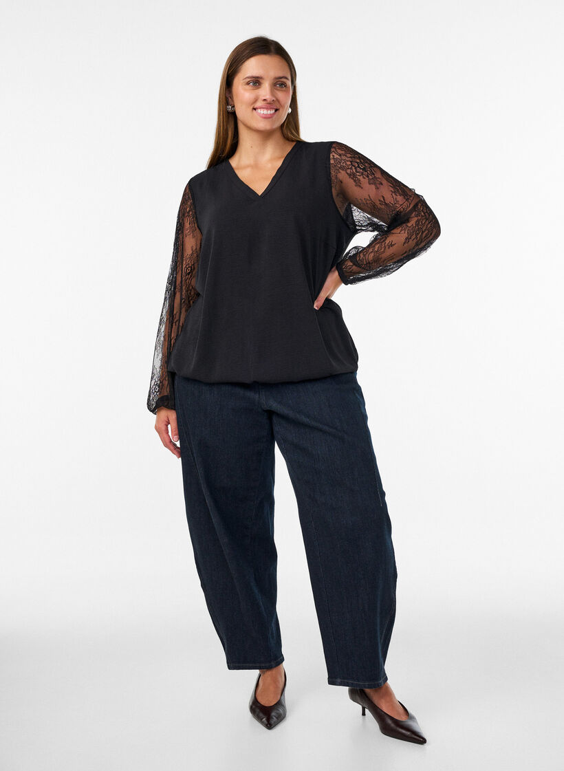 Blouse met kanten mouwen en ballonvorm, Zwart, Model image number 1
