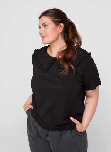 T-shirt en coton à manches courtes avec col, Black, Model image number 0