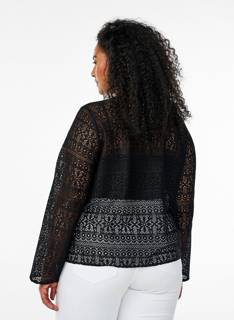 Cardigan avec motif ajouré et cordons de serrage, Noir, Model image number 2