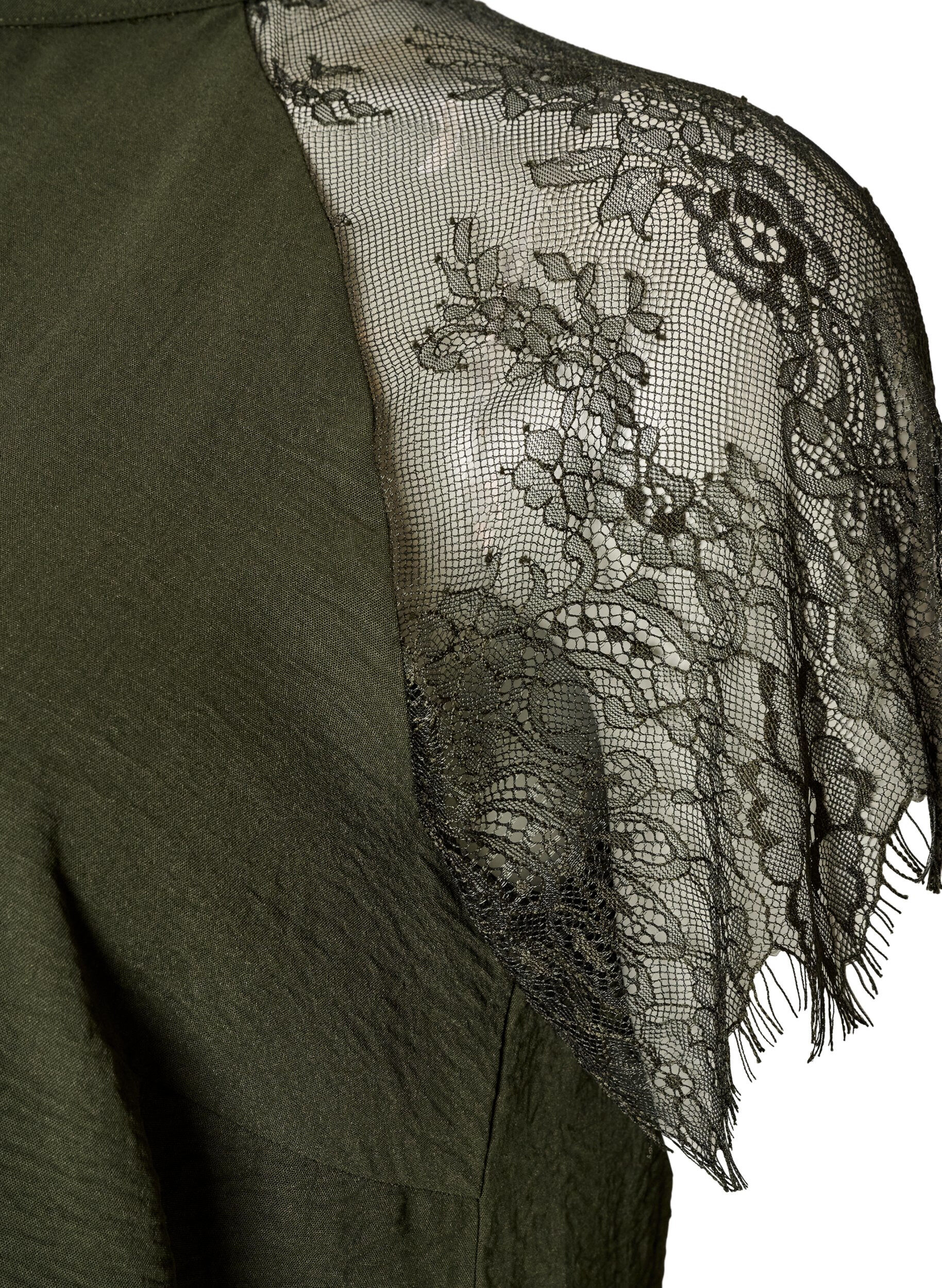 ZizziBlouse &agrave; col montant avec manches courtes en dentelle, Vert fonc&eacute;, Packshot image number 3