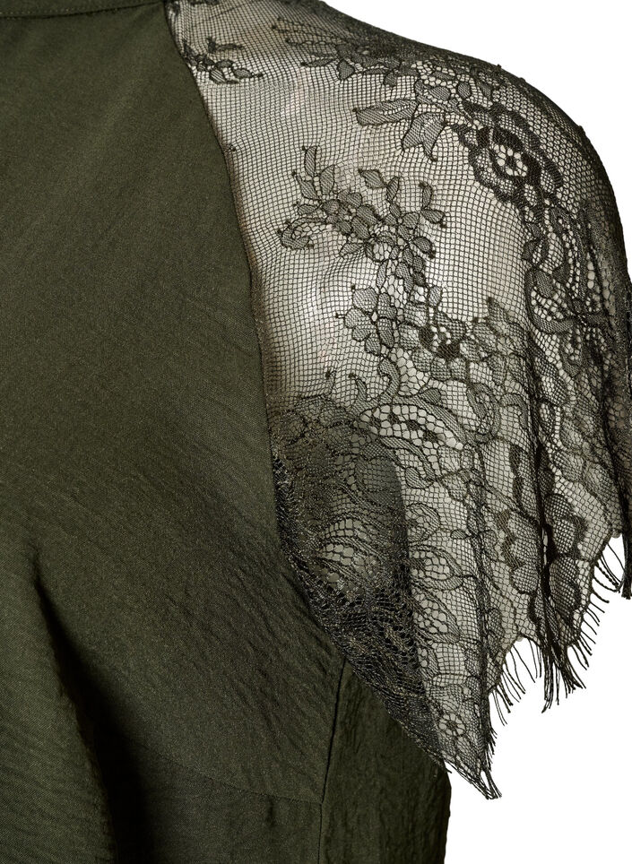 Blouse &agrave; col montant avec manches courtes en dentelle, Vert fonc&eacute;, Packshot image number 3