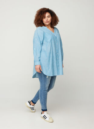 Gestreepte blouse in 100% katoen, Blue Stripe, Model image number 3