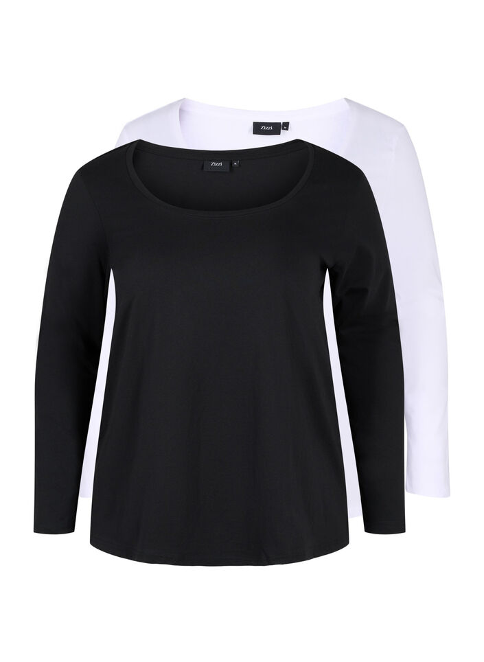 Lot de 2 blouses basiques en coton, Black/Bright W, Packshot image number 0