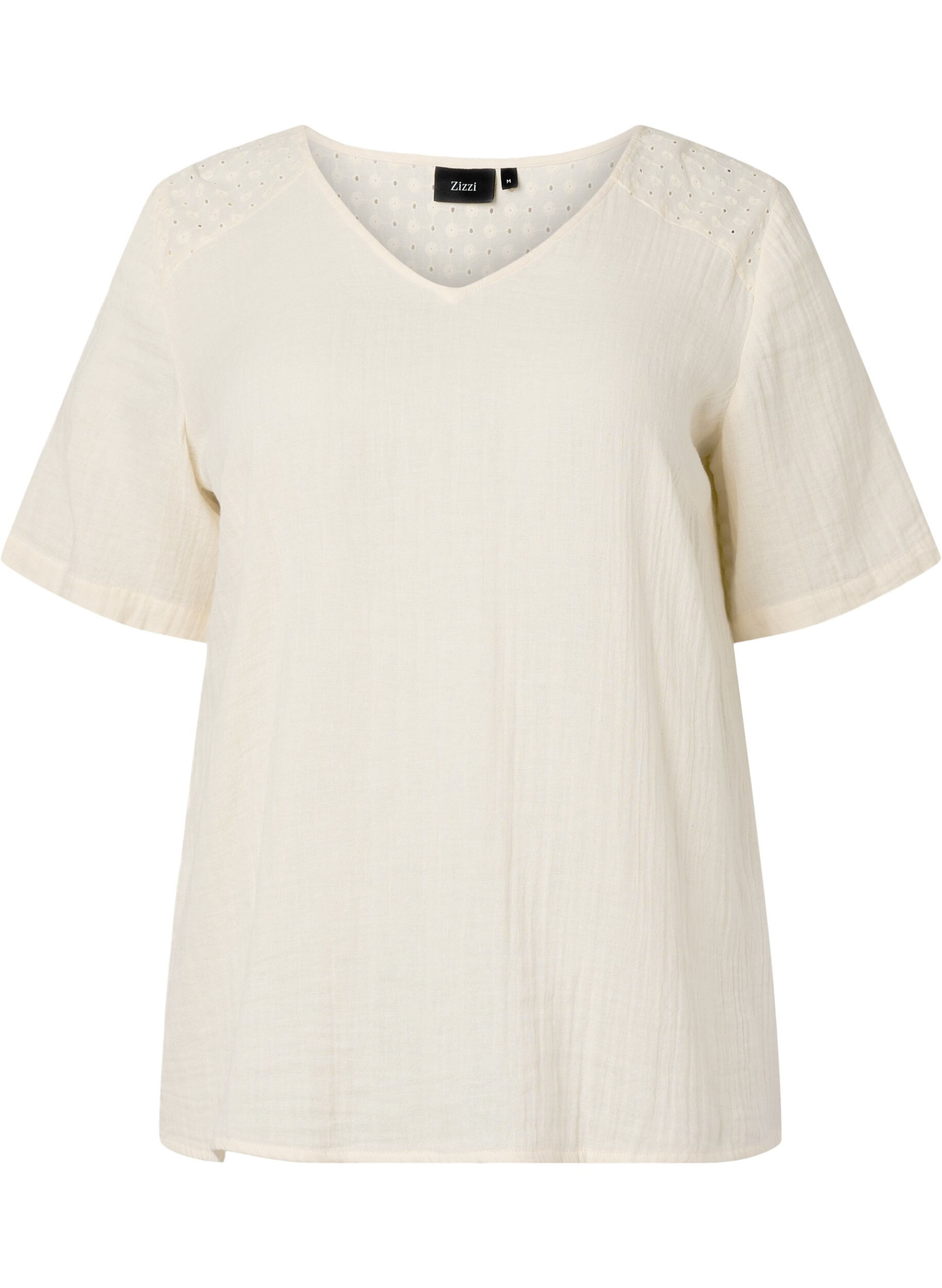 ZizziKatoenen blouse met borduursel en korte mouwen, Buttercream, Packshot image number 0