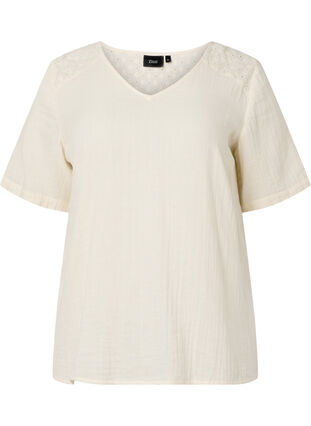 Katoenen blouse met borduursel en korte mouwen, Buttercream, Packshot image number 0