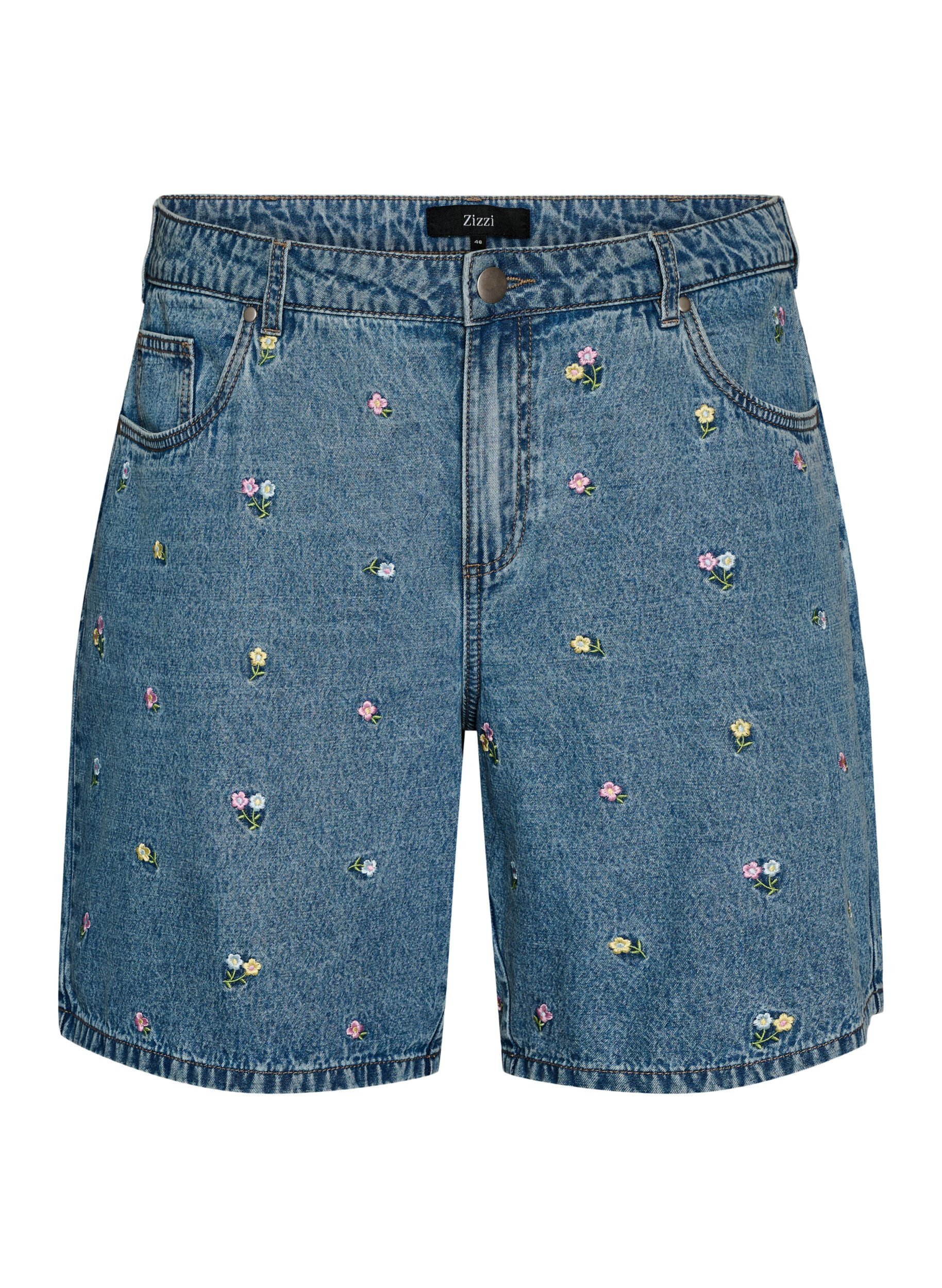 Zizzi Short en jean avec fleurs brod&eacute;es, Bleu Clair, Packshot image number 0