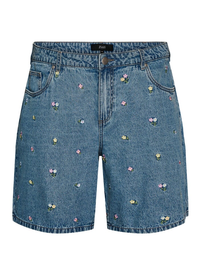 Short en jean avec fleurs brod&eacute;es, Bleu Clair, Packshot image number 0