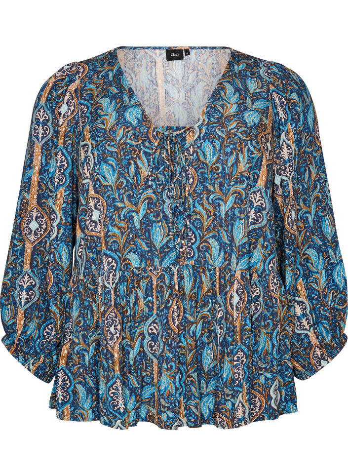 Blouse met paisleyprint en kanten detail, Blauw, Packshot image number 0