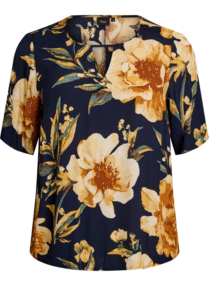 Viscose blouse met korte mouwen met print, Blauw, Packshot image number 0