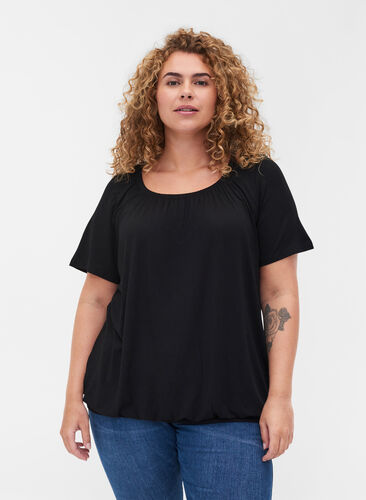T-shirt à manches courtes en viscose avec élastique, Black, Model image number 0
