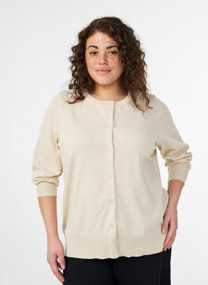 Cardigan en maille fine avec col rond, Beige, Model image number 0
