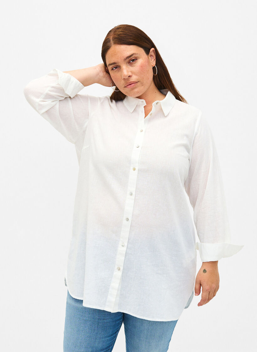 Chemise longue en lin et en coton, Bright White, Model image number 0