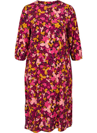 Viscose jurk met 3/4 mouwen en bloemenprint, Hot Pink Flower, Packshot image number 0