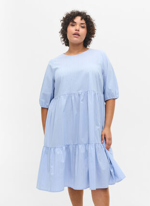 Robe rayée à manches courtes bouffantes, Blue As Sample, Model image number 0