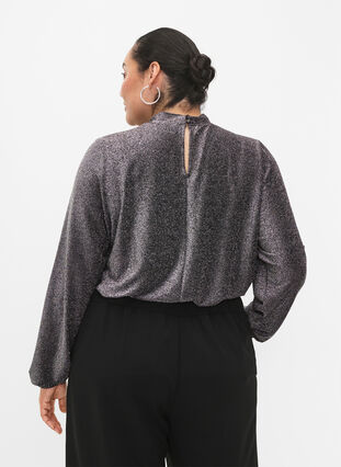 Glitter blouse met lange mouwen, ronde hals en V-detail, Black Silver, Model image number 1