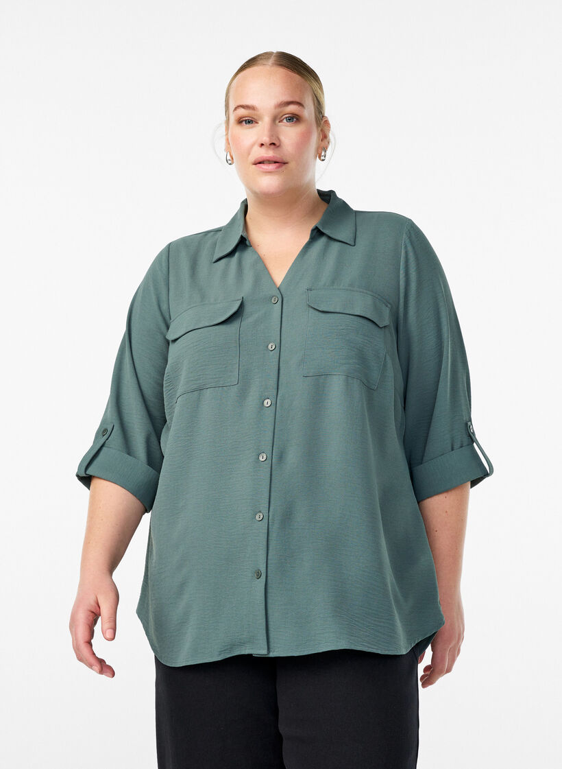 Shirt met 3/4 mouwen en borstzakken, Groen, Model image number 0