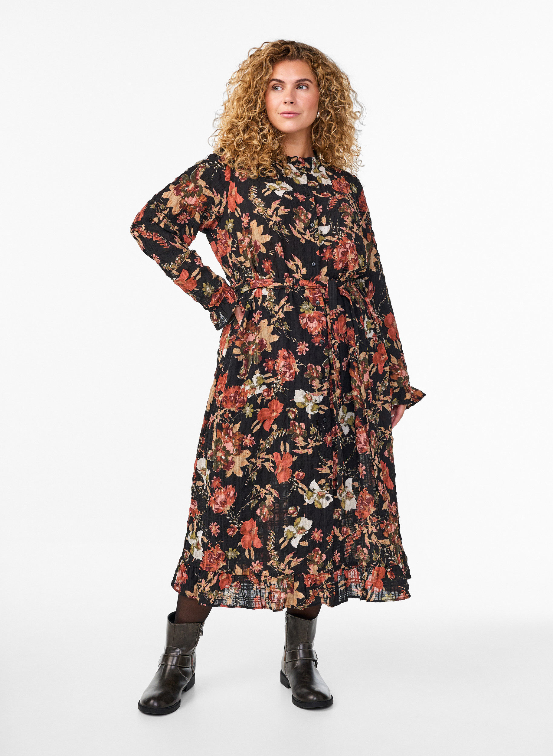 Robe midi &agrave; imprim&eacute; floral avec ceinture amovible &agrave; nouer, Charbon, Model